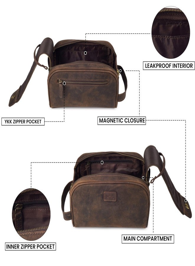 mds Genuine Leather Toiletry Bag for Men - Rustic Classic Vintage Handcrafted Full-Grain Leather Travel Dopp Kit with Waterproof Lining & Handle, Shaving & Grooming Kit Organizer Pouch - Rustic Brown - Image 3