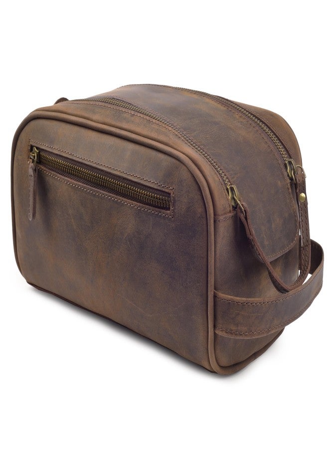 mds Genuine Leather Toiletry Bag for Men - Rustic Classic Vintage Handcrafted Full-Grain Leather Travel Dopp Kit with Waterproof Lining & Handle, Shaving & Grooming Kit Organizer Pouch - Rustic Brown - Image 1