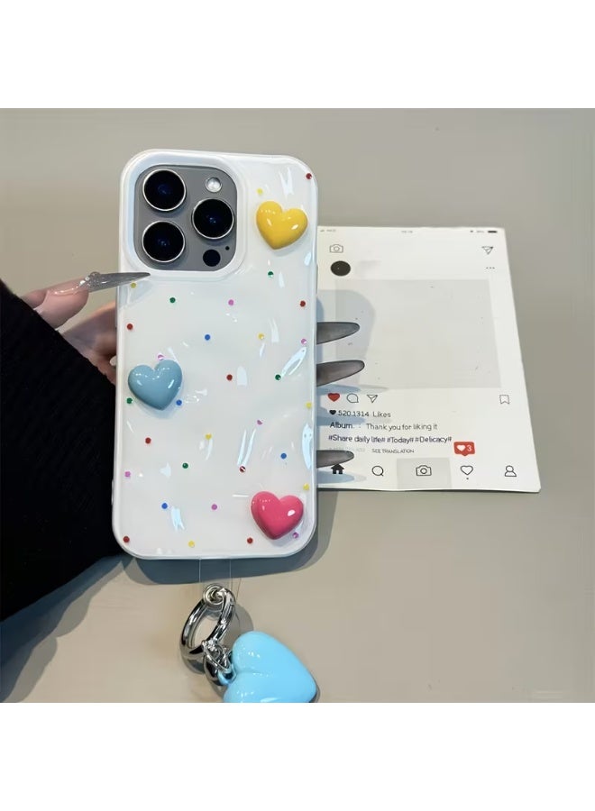 Temu A cute 3D heart-shaped phone case with colorful polka dots, featuring a large heart-shaped chain. Designed for iPhone 13 Pro models, it boasts a stylish water pattern and soft, shock- and scratch-resistant protection. - Image 1