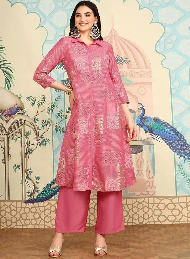 آي شين طقم كورتا وبنطال بخامة شينون بلون وردي