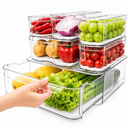 SMRCAD 6 Pack Refrigerator Organizers, Clear Pull-out Drawer Container and Organizer Bins with Lids, Stackable Storage Containers for Fruits, Vegetable (Set of 6 (Include Pull Out Drawer)) - Image 1