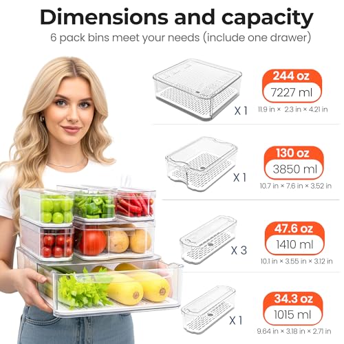 SMRCAD 6 Pack Refrigerator Organizers, Clear Pull-out Drawer Container and Organizer Bins with Lids, Stackable Storage Containers for Fruits, Vegetable (Set of 6 (Include Pull Out Drawer)) - Image 4