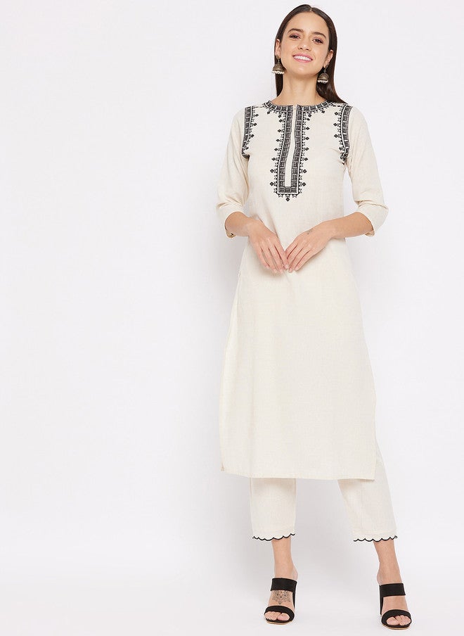 WineRed كُرتا قطنية نقية باللون الأبيض الكريمي مع بنطلونات للنساء - Image 1