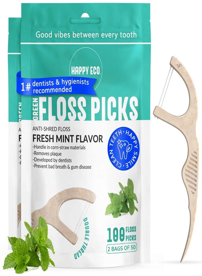 HAPPY ECO Dental Floss Picks (100pcs) - Flossers for Adults, Vegan Corn-Straw Handle, Superior Oral Care & Anti-Shred Thread, Dental Hygiene, Tooth Pick Sticks, Teeth & Gum Health (Mint, Double Thread) - Image 1