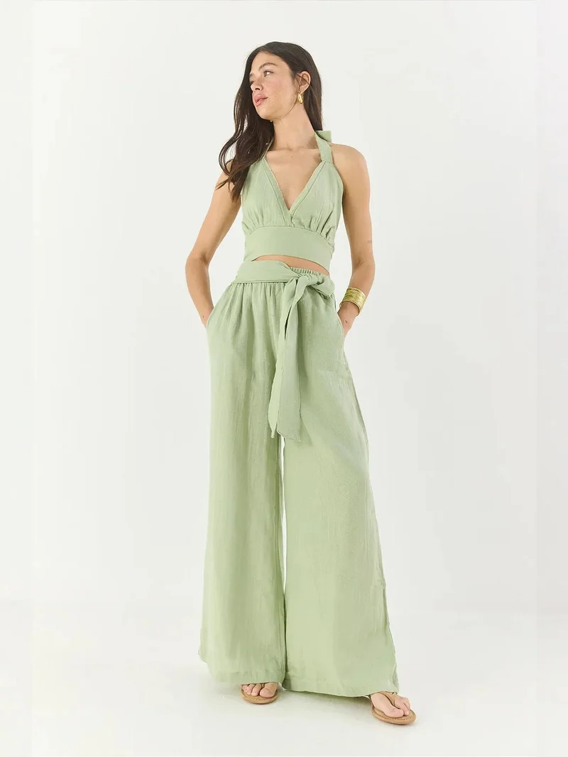 Bianco Lucci Lime Green LUCCI Textured Cotton Halter Neck Two-Piece Set for Women | Best Price UAE