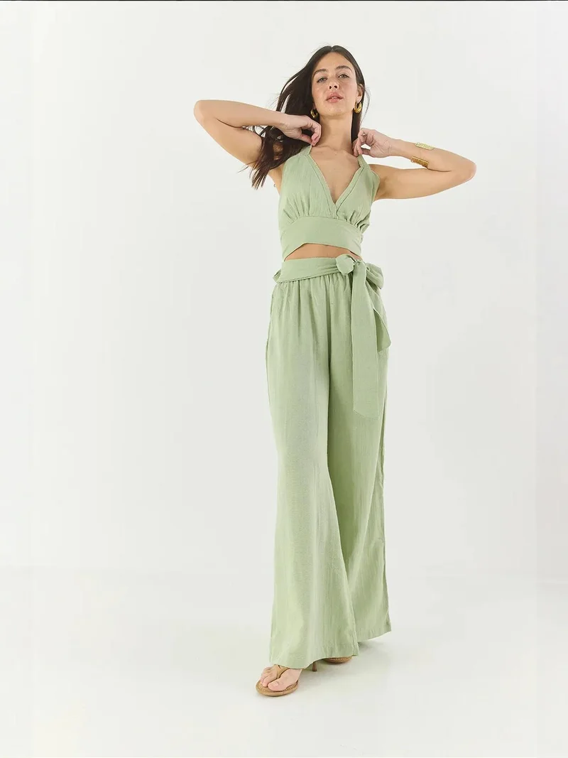 Bianco Lucci Lime Green LUCCI Textured Cotton Halter Neck Two-Piece Set for Women | Best Price UAE