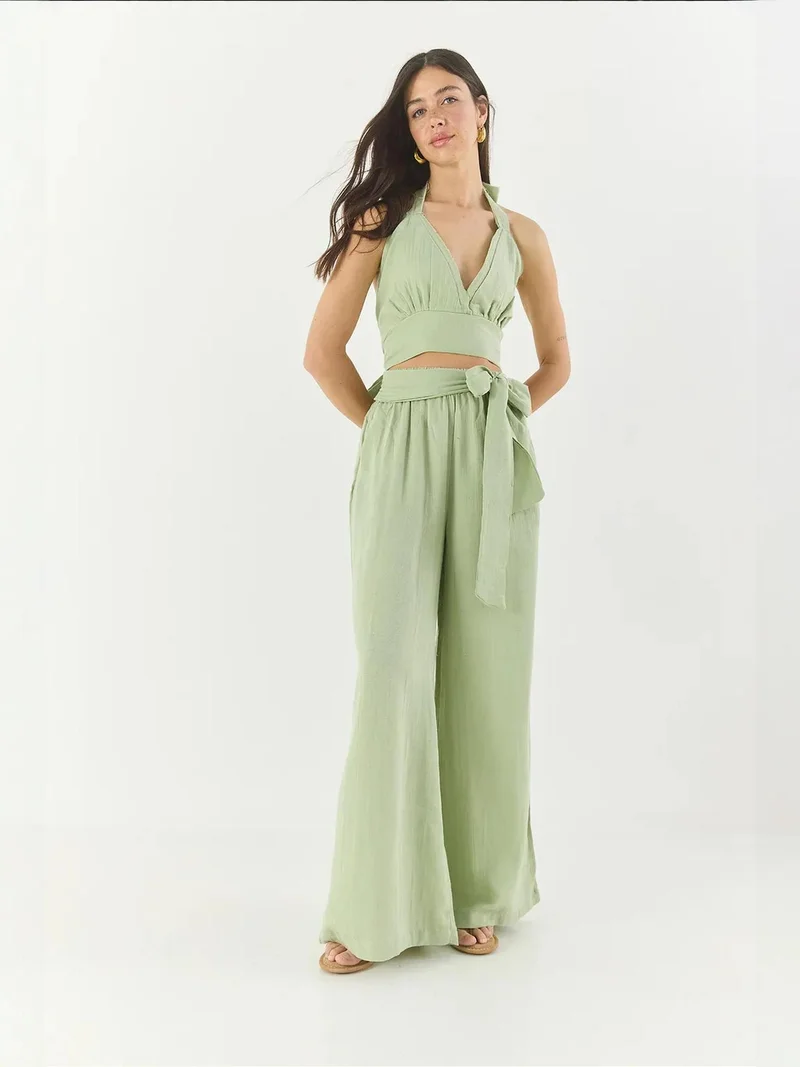 Bianco Lucci Lime Green LUCCI Textured Cotton Halter Neck Two-Piece Set for Women | Best Price UAE