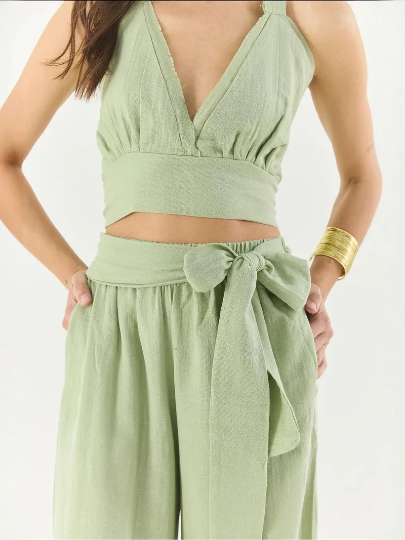 Bianco Lucci Lime Green LUCCI Textured Cotton Halter Neck Two-Piece Set for Women | Best Price UAE
