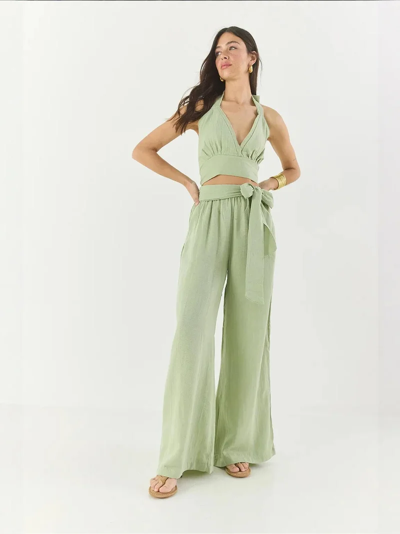 Bianco Lucci Lime Green LUCCI Textured Cotton Halter Neck Two-Piece Set for Women | Best Price UAE