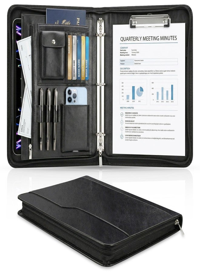 Toplive Zippered Business Padfolio with 3-Ring Binder & Clipboard, PU Leather, Cover Pocket, Document/iPad/Phone/Pen/Earphones/Passport/Card Organizer, Office Gifts for Men & Women, Black - Image 1
