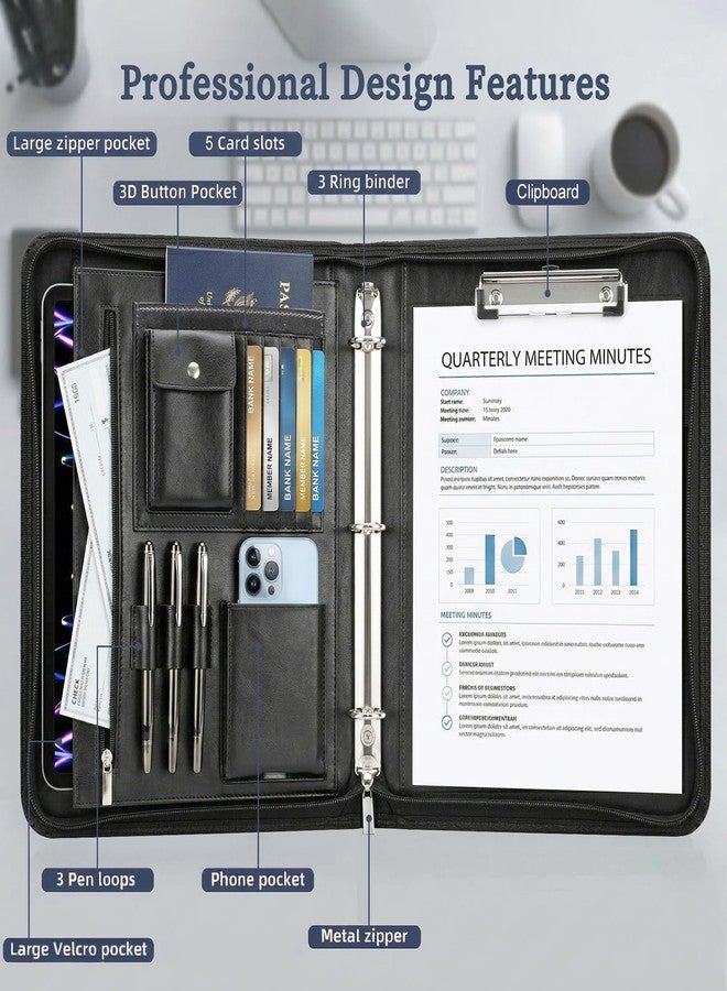 Toplive Zippered Business Padfolio with 3-Ring Binder & Clipboard, PU Leather, Cover Pocket, Document/iPad/Phone/Pen/Earphones/Passport/Card Organizer, Office Gifts for Men & Women, Black - Image 4