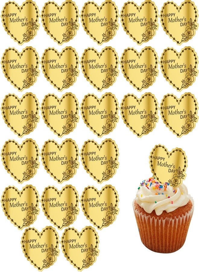 EDUEE Happy Mothers Day Cupcake Toppers Acrylic 24pcs Gold Heart Cake Toppers Engraved Topper Happy Mother's Day Birthday Party Decorations - Image 1