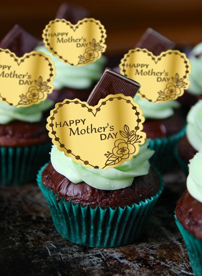 EDUEE Happy Mothers Day Cupcake Toppers Acrylic 24pcs Gold Heart Cake Toppers Engraved Topper Happy Mother's Day Birthday Party Decorations - Image 4