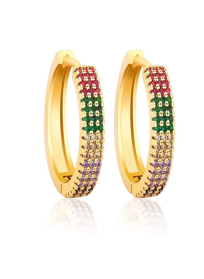 Savlano 14K Gold Plated Cubic Zirconia Multicolor Rainbow Huggie Hoop Round Earrings For Women Comes with Gift Box (Yellow) - Image 1