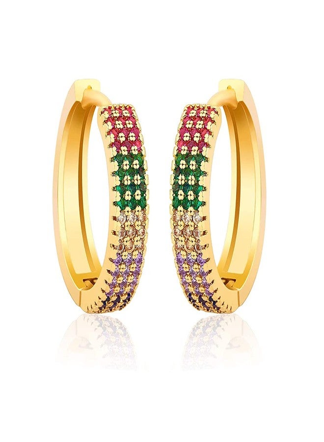 Savlano 14K Gold Plated Cubic Zirconia Multicolor Rainbow Huggie Hoop Round Earrings For Women Comes with Gift Box (Yellow) - Image 2