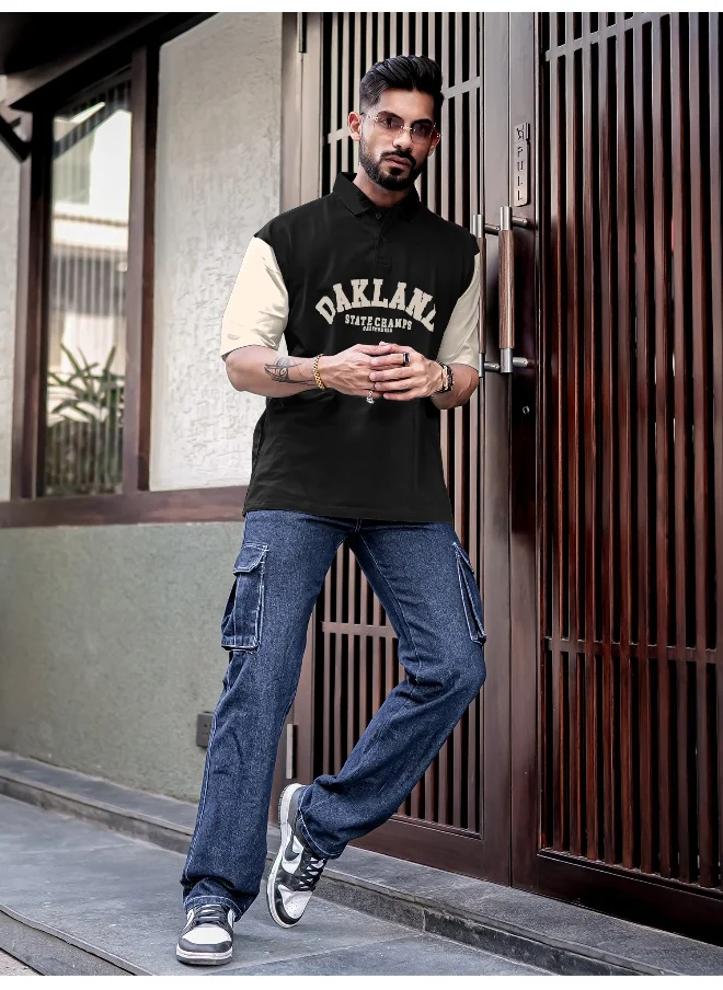 Maniac Maniac Men Printed Polo Neck 3/4th Sleeve Black Cotton Oversized T-Shirt