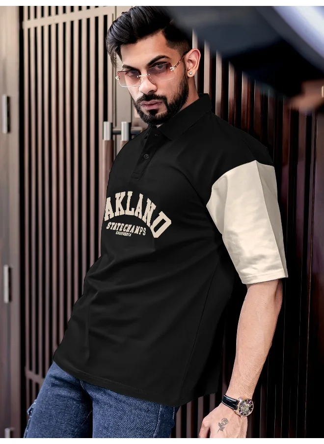 Maniac Maniac Men Printed Polo Neck 3/4th Sleeve Black Cotton Oversized T-Shirt