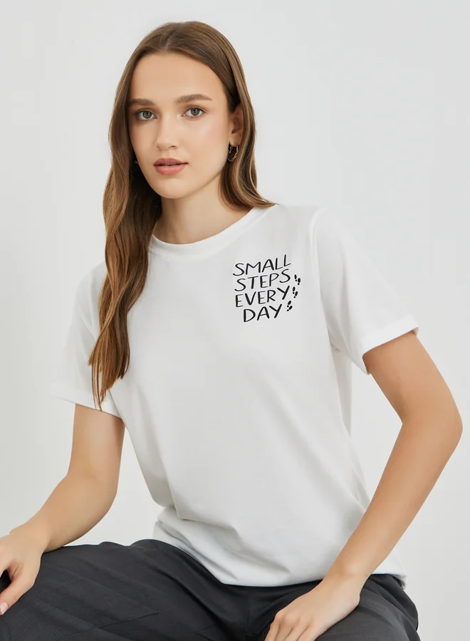 تايك تو Take Two Slogan Print Round Neck Regular Fit T-Shirt
