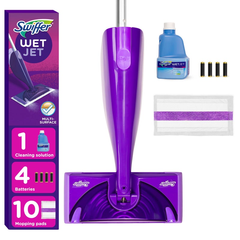 Swiffer WetJet Hardwood and Floor Spray Mop, All-in-One Mopping Cleaner Starter Kit, Includes: 1 WetJet, 10 Pads, 1 Cleaning Solution & 4 Batteries - Image 1