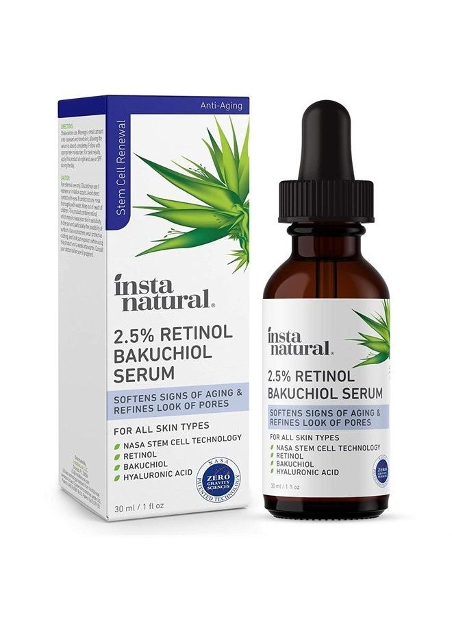 Instanatural 2.5% Retinol Bakuchiol Face Serum, Minimizes Lines, Wrinkles, Discoloration and Signs of Aging, with Hyaluronic Acid and Squalane, 1 Fl Oz  - Image 1