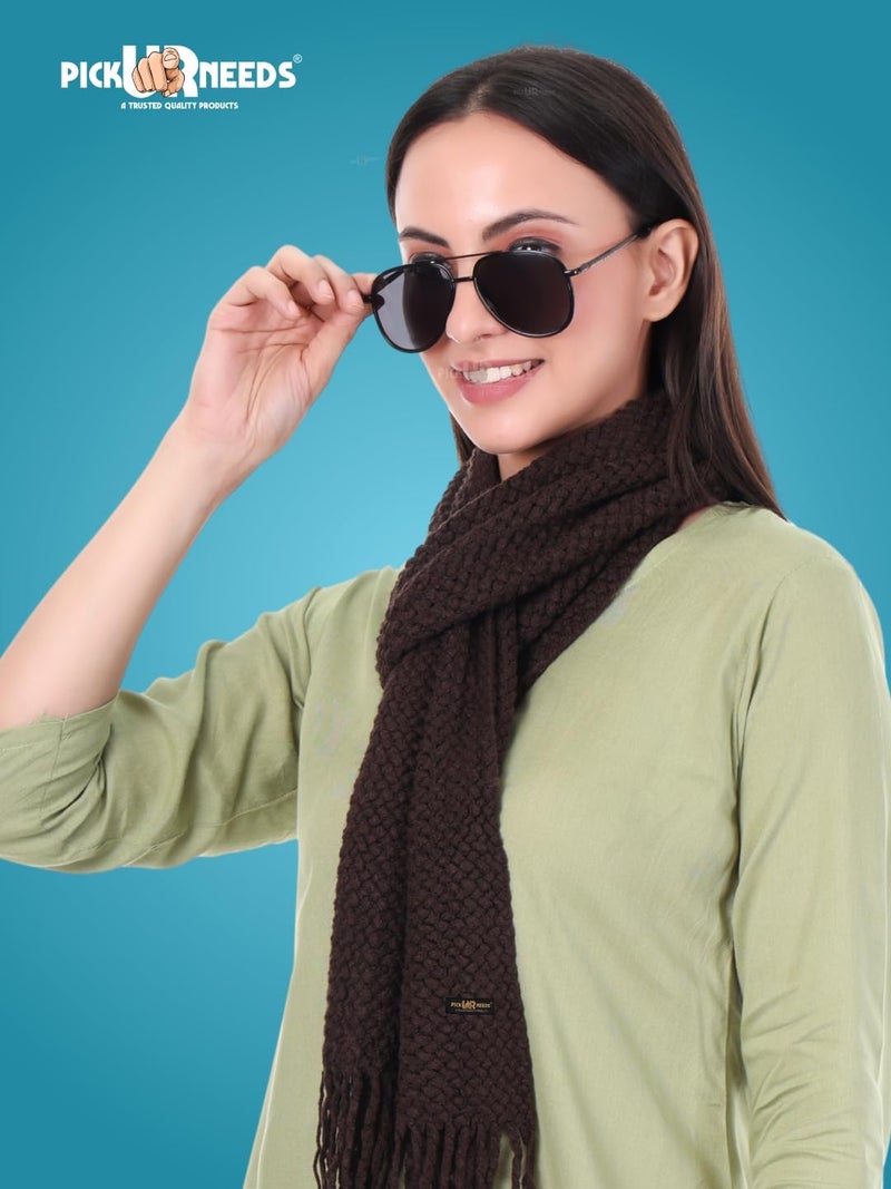Pick Ur Needs Women's Chunky Knit Scarf | Soft, Warm & Breathable Winter Muffler | Unisex Solid Tan Textured Knit with Fringes (Dark Brown) - Image 5