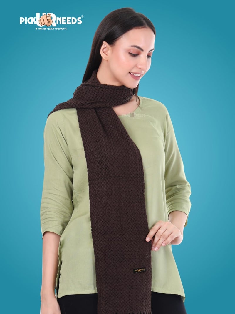 Pick Ur Needs Women's Chunky Knit Scarf | Soft, Warm & Breathable Winter Muffler | Unisex Solid Tan Textured Knit with Fringes (Dark Brown) - Image 4