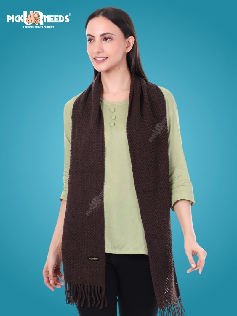 Pick Ur Needs Women's Chunky Knit Scarf | Soft, Warm & Breathable Winter Muffler | Unisex Solid Tan Textured Knit with Fringes (Dark Brown) - Image 2