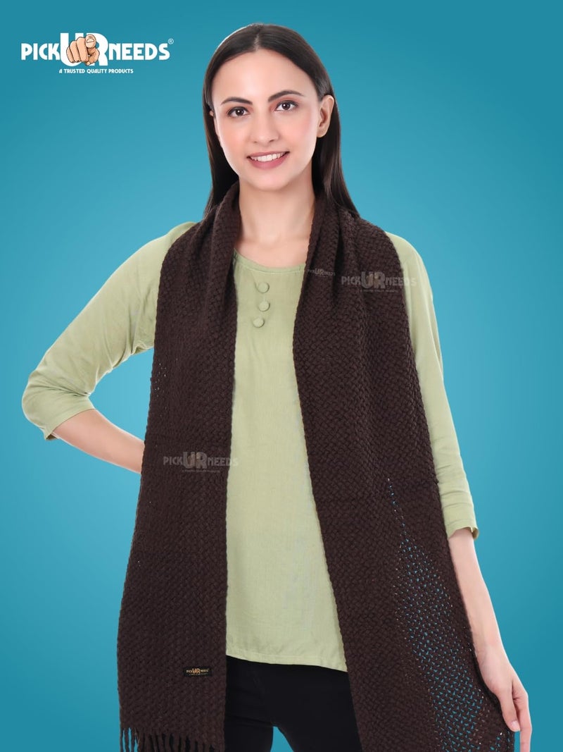 Pick Ur Needs Women's Chunky Knit Scarf | Soft, Warm & Breathable Winter Muffler | Unisex Solid Tan Textured Knit with Fringes (Dark Brown) - Image 3