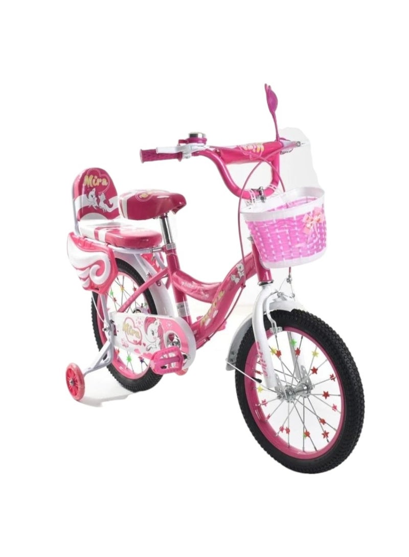 ميرا دراجة للبنات - مقاس 16 بوصة مع عجلات تدريب وسلة أمامية، لون وردي - Image 2
