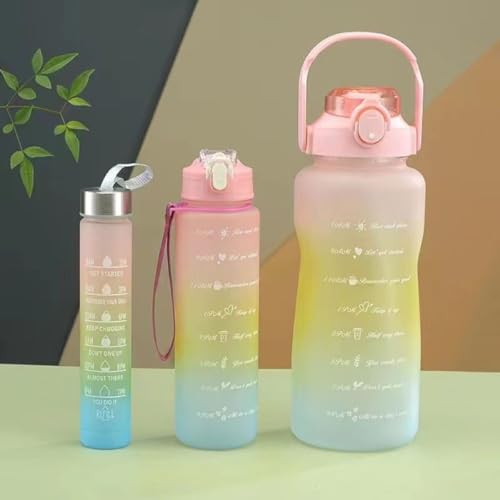 Inditradition 3 Pieces Combo Motivational Water Bottle Set For Day-To-Day Routine | With Time Marker, Funny Stickers, Straw & Handle (2L+900Ml+280Ml) (Pink With Multi Shades) - Plastic - Image 1