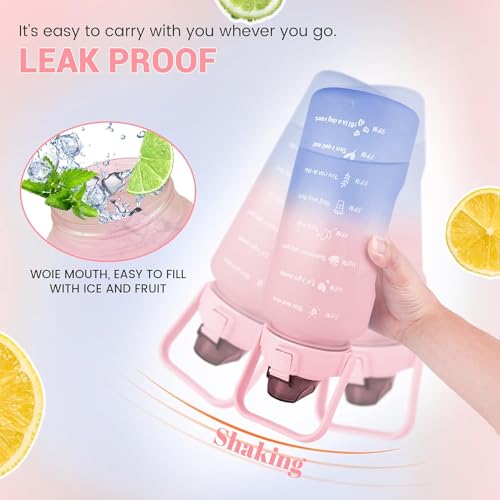 Inditradition 3 Pieces Combo Motivational Water Bottle Set For Day-To-Day Routine | With Time Marker, Funny Stickers, Straw & Handle (2L+900Ml+280Ml) (Pink With Multi Shades) - Plastic - Image 4