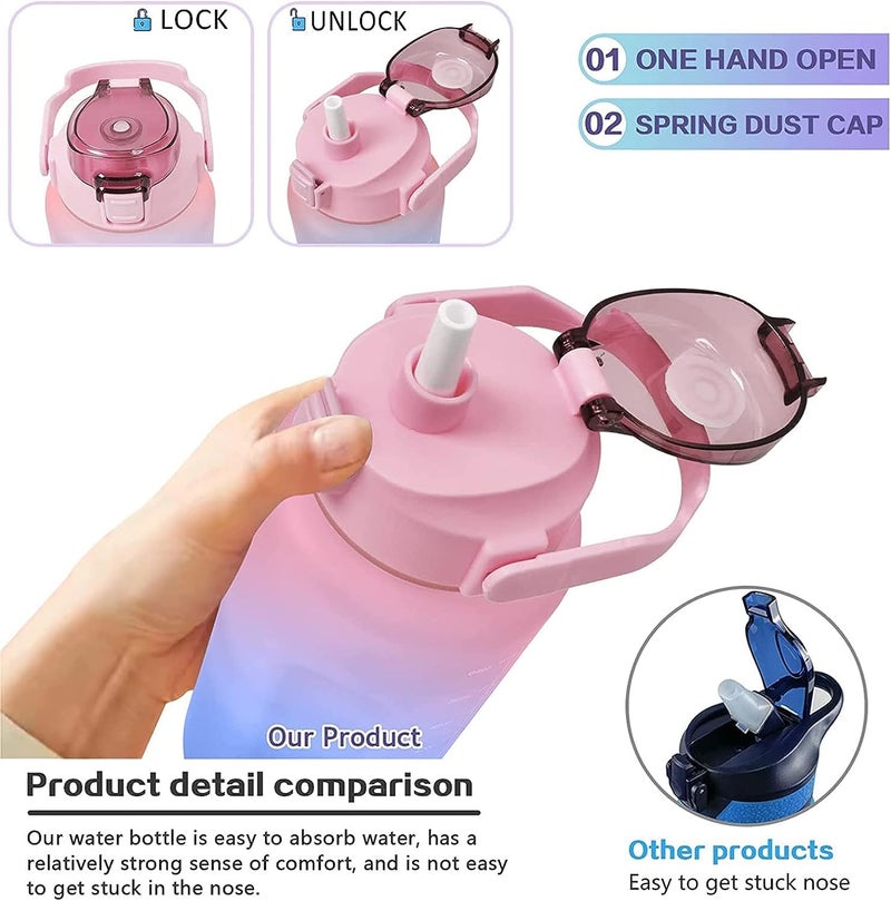 Inditradition 3 Pieces Combo Motivational Water Bottle Set For Day-To-Day Routine | With Time Marker, Funny Stickers, Straw & Handle (2L+900Ml+280Ml) (Pink With Multi Shades) - Plastic - Image 5