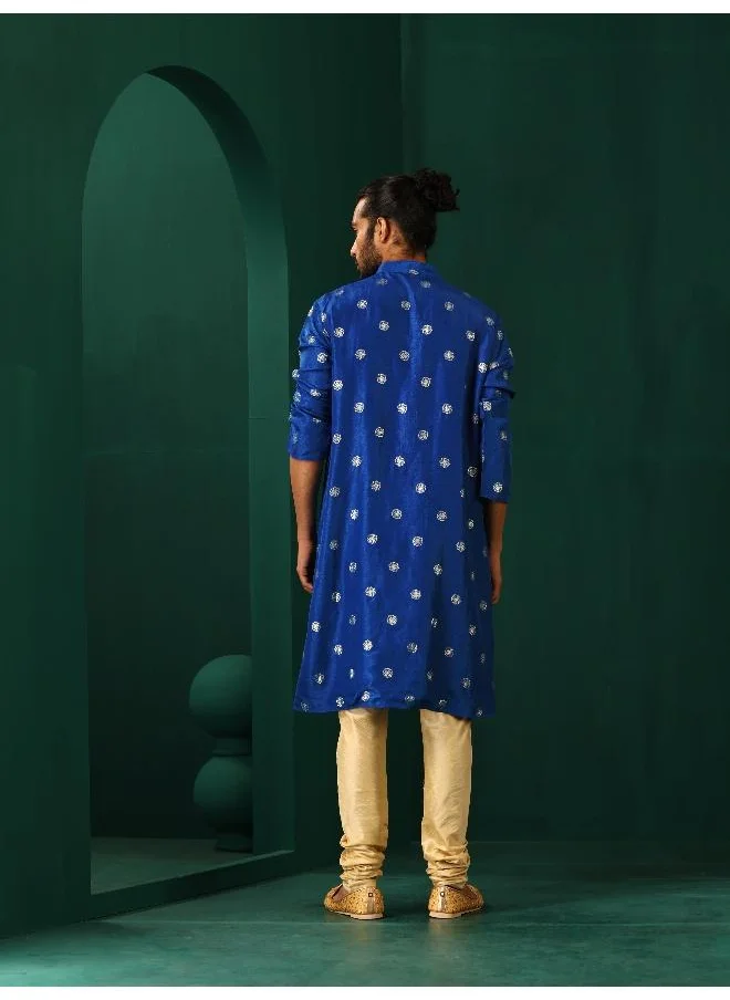 ترو برونز Men's Royal Blue Geometric Floral Viscose Silk Long Kurta