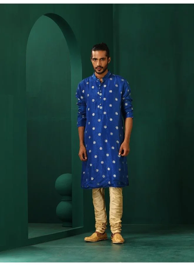 ترو برونز Men's Royal Blue Geometric Floral Viscose Silk Long Kurta