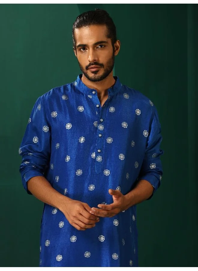 ترو برونز Men's Royal Blue Geometric Floral Viscose Silk Long Kurta