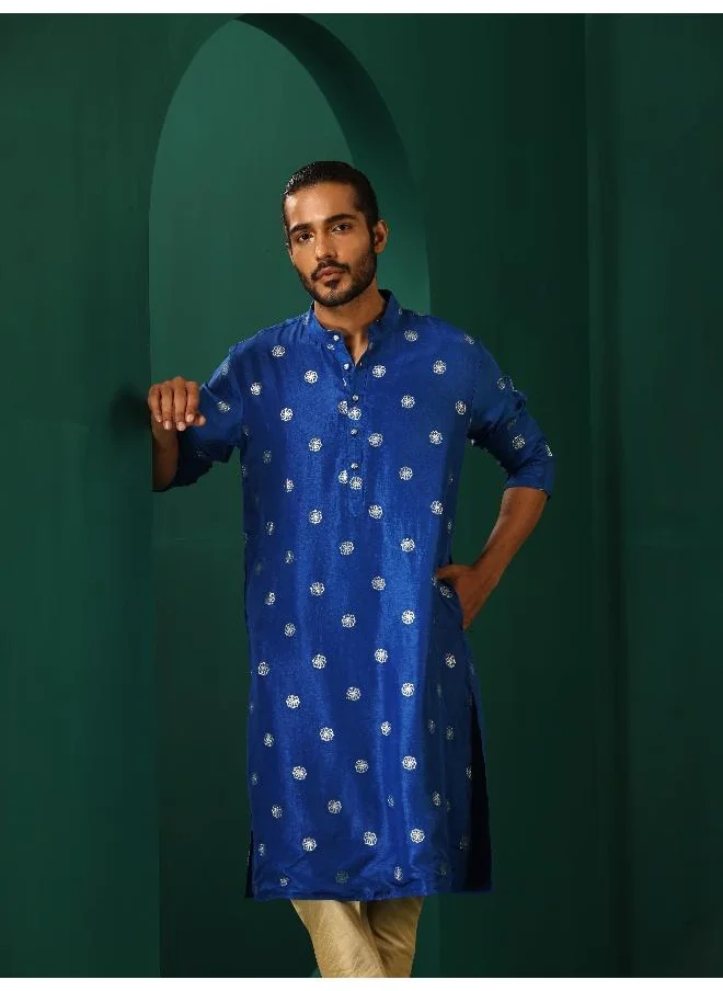 ترو برونز Men's Royal Blue Geometric Floral Viscose Silk Long Kurta