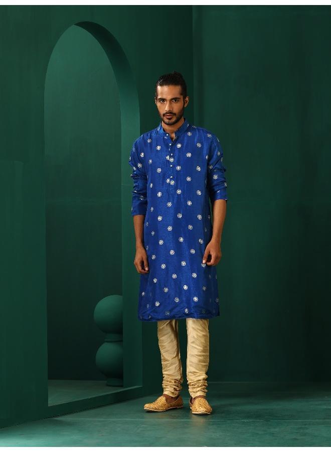 trueBrowns Men's Royal Blue Geometric Floral Viscose Silk Long Kurta  - Image 3