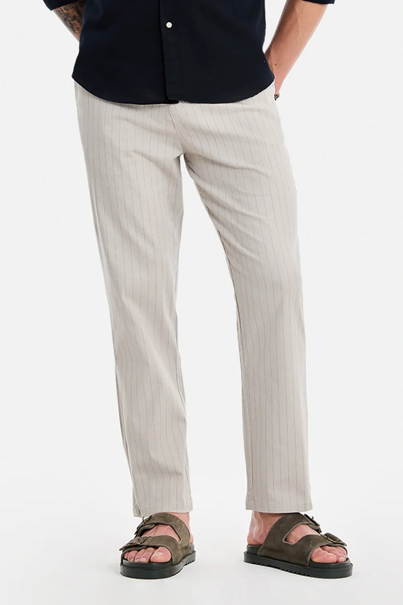 سنيتش Cream Striped Relaxed Formal Trousers