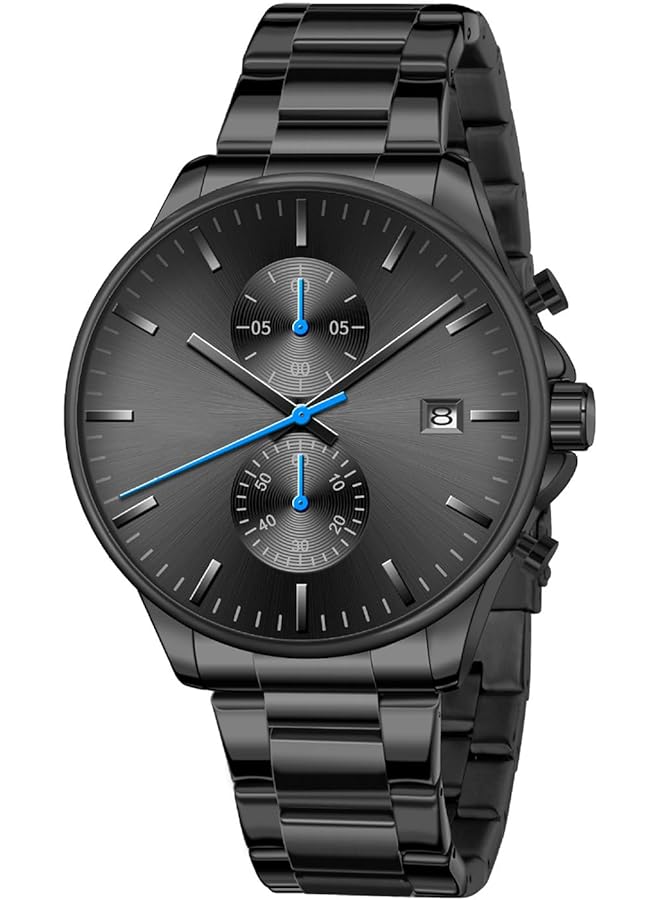 Business Mens Watches Fashion Steel Band Watch For Men Waterproof With Stainless Steel Chronograph Quartz Watch For Men With Auto Date 8844 Black Shell Blue Needle - Image 1