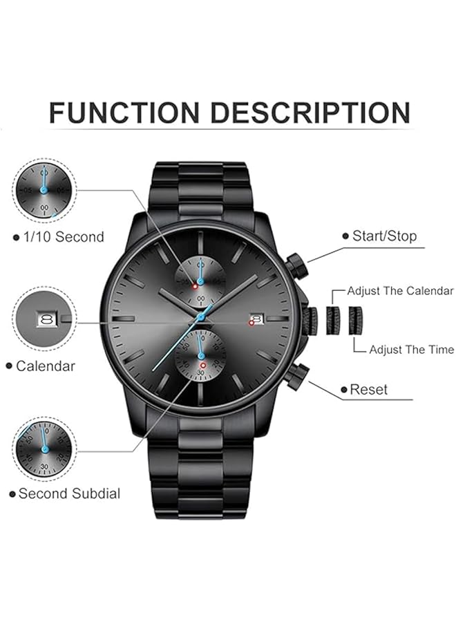 Business Mens Watches Fashion Steel Band Watch For Men Waterproof With Stainless Steel Chronograph Quartz Watch For Men With Auto Date 8844 Black Shell Blue Needle - Image 2
