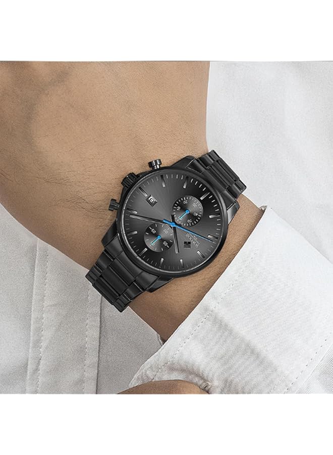 Business Mens Watches Fashion Steel Band Watch For Men Waterproof With Stainless Steel Chronograph Quartz Watch For Men With Auto Date 8844 Black Shell Blue Needle - Image 4