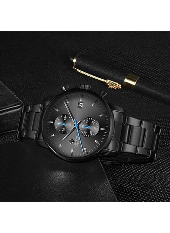 Business Mens Watches Fashion Steel Band Watch For Men Waterproof With Stainless Steel Chronograph Quartz Watch For Men With Auto Date 8844 Black Shell Blue Needle - Image 3