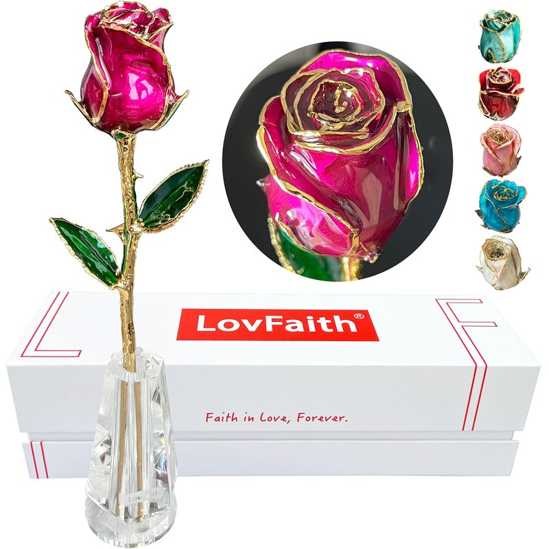 LovFaith LovFaith Valentine Gift Real Rose Dipped 24K Gold with Crystal Stand Best Anniversary Rose Gift for Her Wife Mother Birthday Christmas A4 Magenta Original Rose 