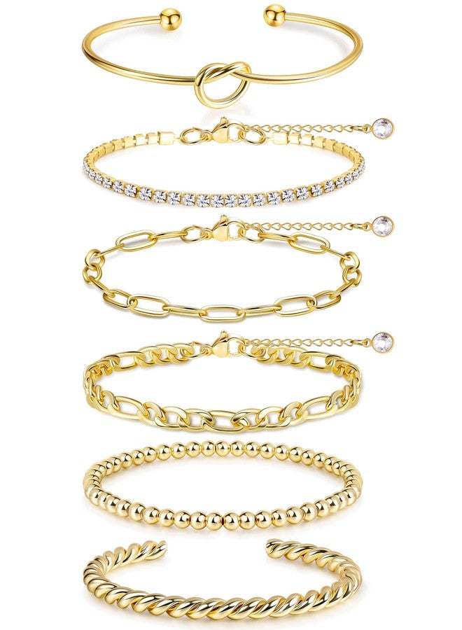 Masedy 14K Gold Plated Bangle Cuff Bracelets for Women Open Beaded Tennis Paperclip Cuban Stack Link Chain Bracelets Jewelry Non Tarinish Trendy B - Image 1