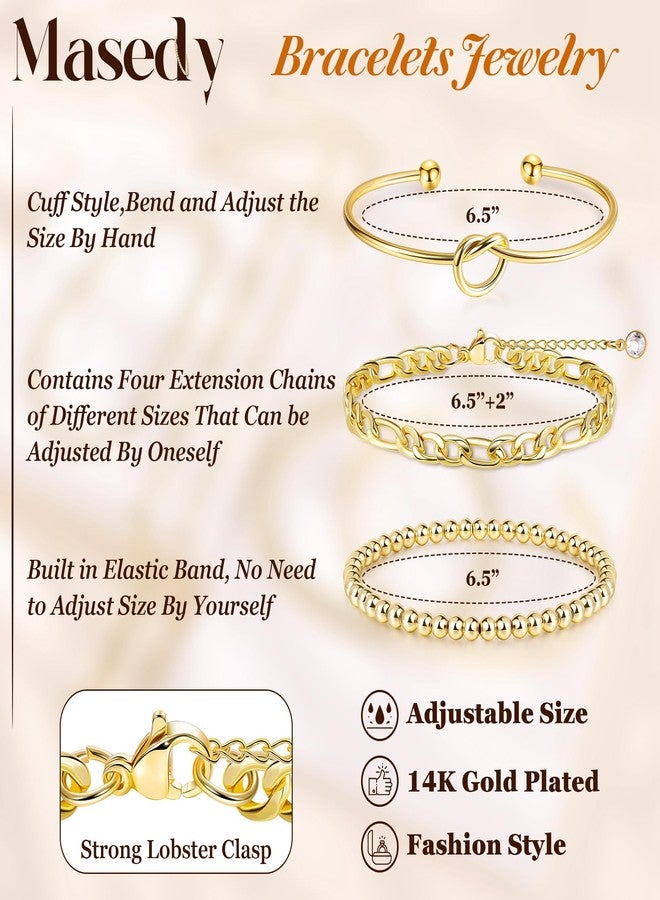 Masedy 14K Gold Plated Bangle Cuff Bracelets for Women Open Beaded Tennis Paperclip Cuban Stack Link Chain Bracelets Jewelry Non Tarinish Trendy B - Image 3