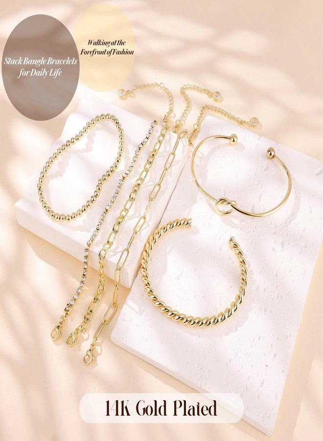 Masedy 14K Gold Plated Bangle Cuff Bracelets for Women Open Beaded Tennis Paperclip Cuban Stack Link Chain Bracelets Jewelry Non Tarinish Trendy B - Image 4