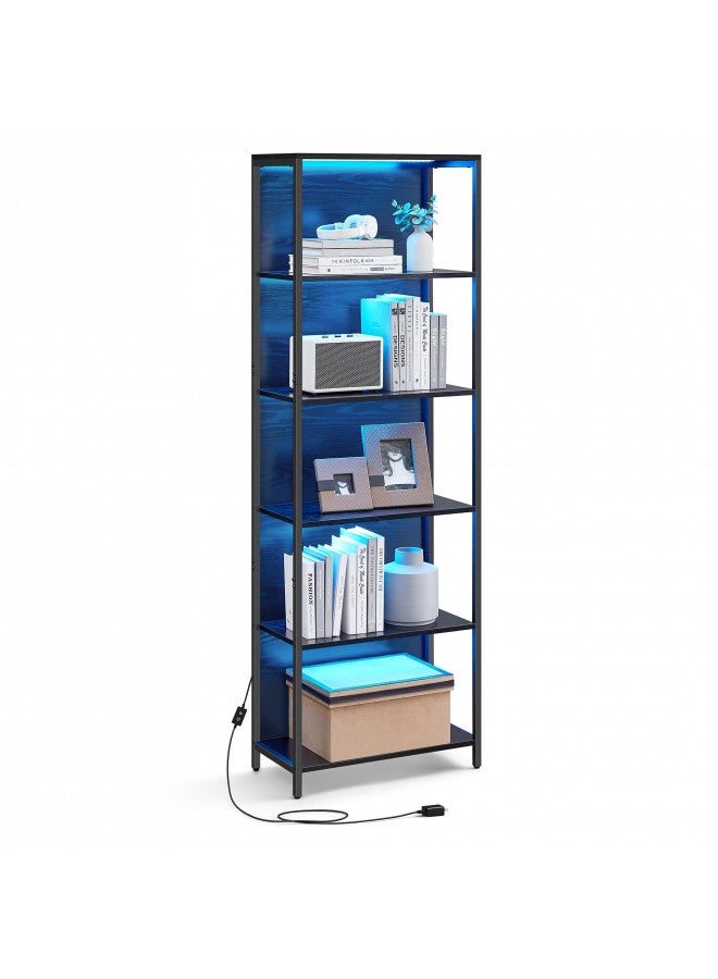 VASAGLE 6-Tier LED Bookshelf, Display Shelf with Dimmable Lights, LED Bookcase with Steel Frame, 11.9 x 23.6 x 70.3 Inches, for Living Room, Bedroom, Office, Black with Wood Grain ULLS120B56 - Image 1