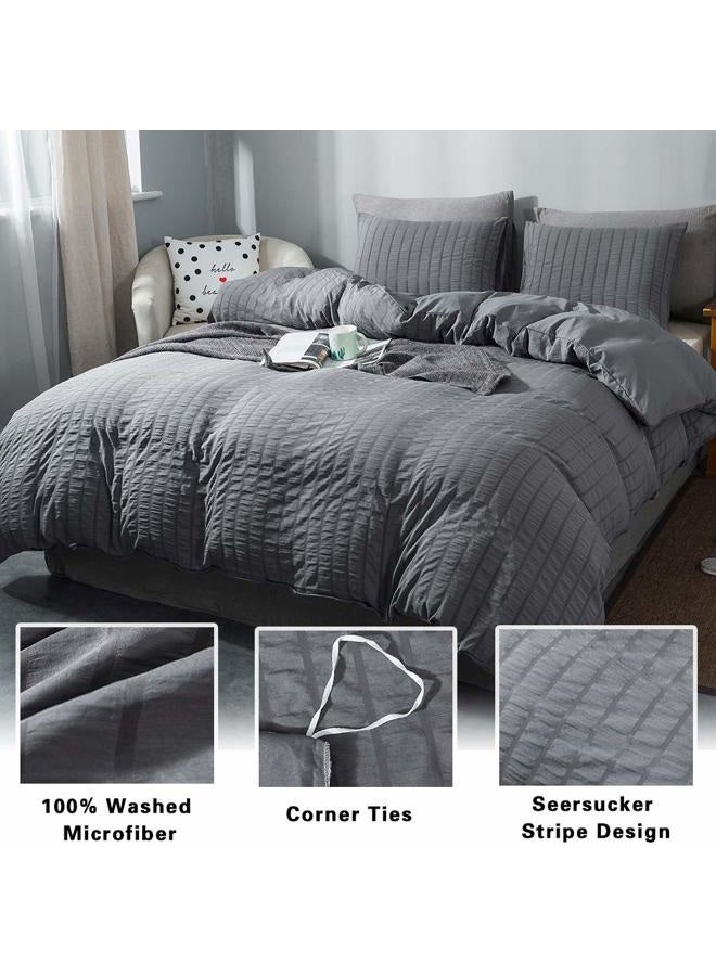 AveLom Seersucker Duvet Cover Set Queen Size (90 x 90 inches), 3 Pieces (1 Duvet Cover + 2 Pillow Cases), Dark Gray Ultra Soft Washed Microfiber, Textured Duvet Cover with Zipper Closure, Corner Ties - Image 2