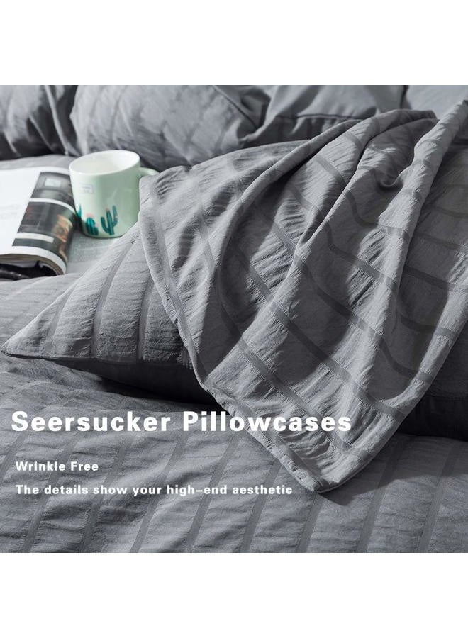 AveLom Seersucker Duvet Cover Set Queen Size (90 x 90 inches), 3 Pieces (1 Duvet Cover + 2 Pillow Cases), Dark Gray Ultra Soft Washed Microfiber, Textured Duvet Cover with Zipper Closure, Corner Ties - Image 5