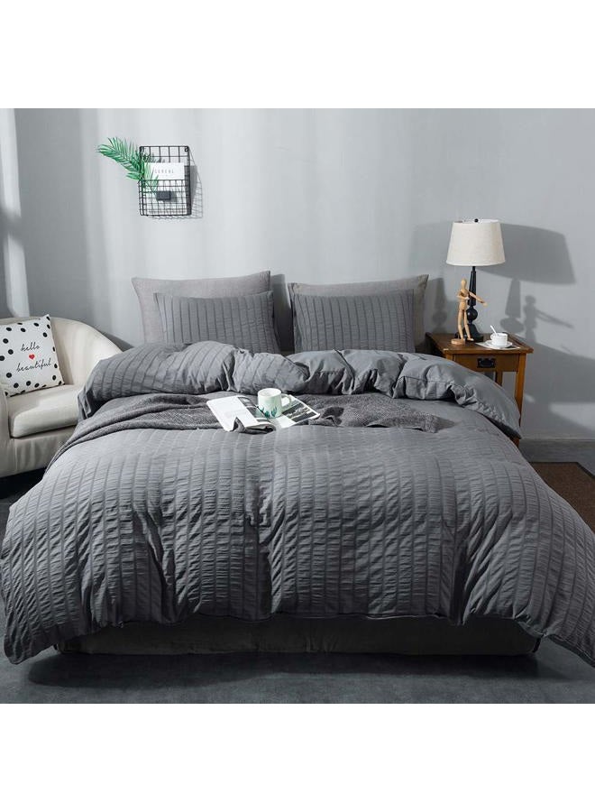AveLom Seersucker Duvet Cover Set Queen Size (90 x 90 inches), 3 Pieces (1 Duvet Cover + 2 Pillow Cases), Dark Gray Ultra Soft Washed Microfiber, Textured Duvet Cover with Zipper Closure, Corner Ties - Image 1